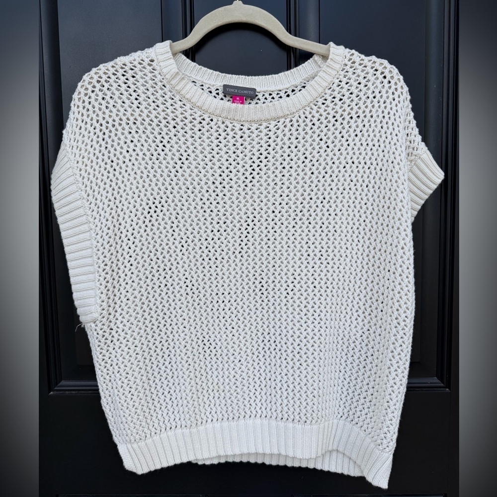 Vince Camuto Cream Open Knit Short Sleeve Crew Sweater